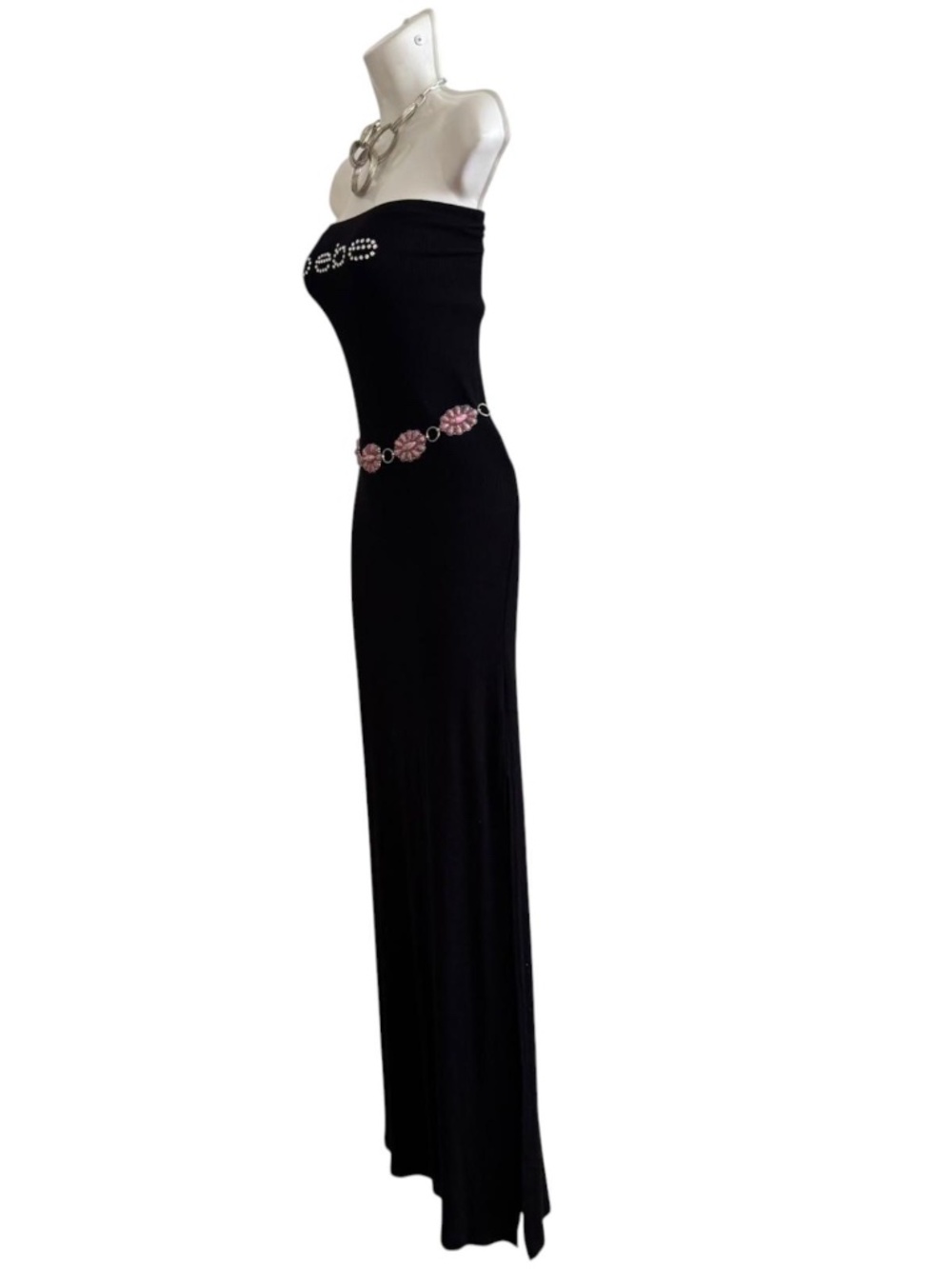 Bebe Black Rhinestone Logo Strapless Maxi Dress Size Medium - Picture 2 of 8